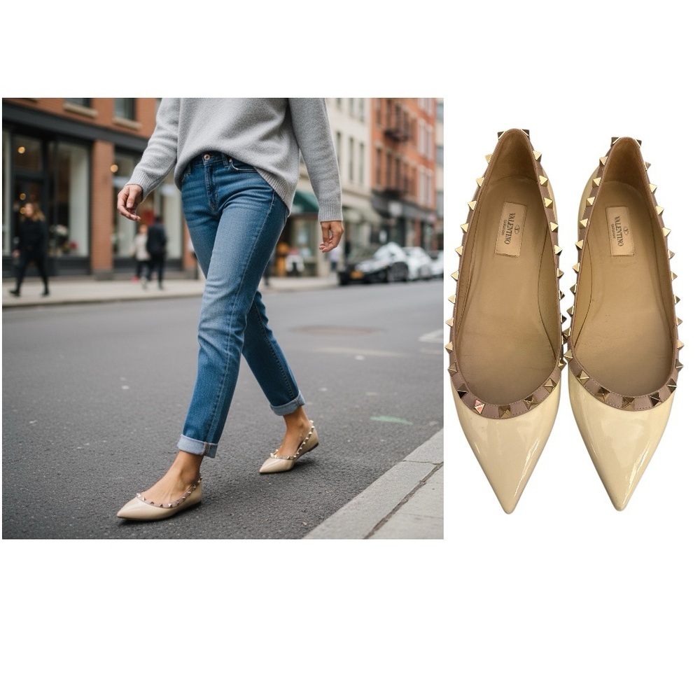 Valentino Garavani Rockstud Patent Leather Ballet Flats Beige Size 9 US 39 EU